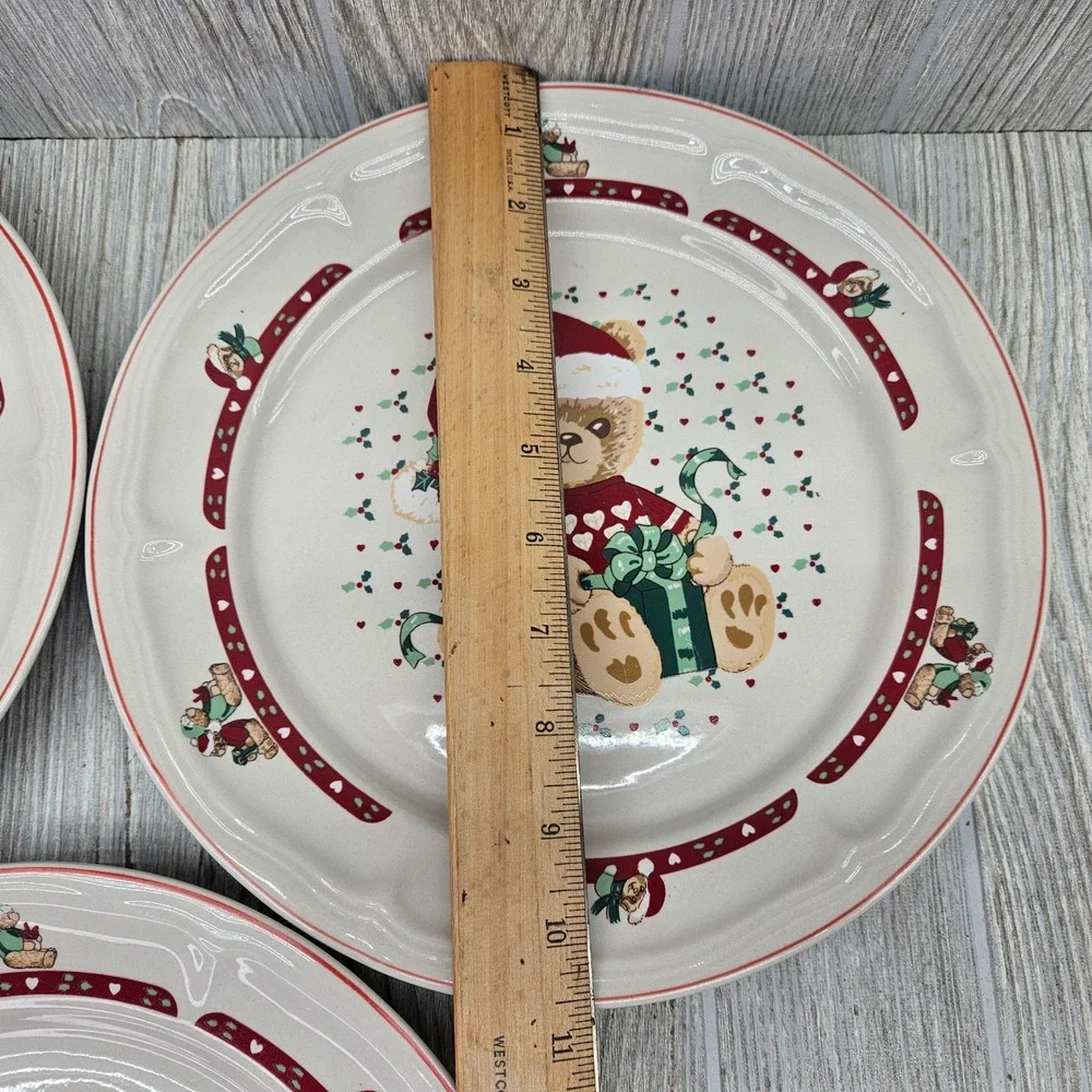 Tienshan Stoneware Country Christmas Teddy Bear Present Dinner Plates Set of 3